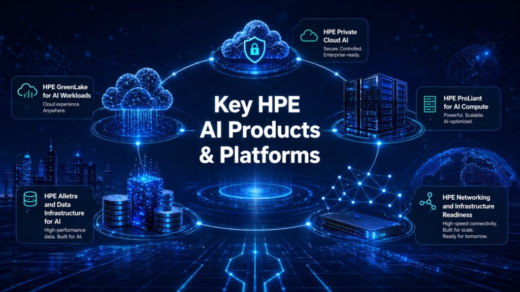 Key HPE AI Products and Platforms :
-HPE Private Cloud AI - HPE GreenLake for AI Workloads - HPE ProLiant for AI Compute - HPE Alletra and Data Infrastructure for AI - HPE Networking and Infrastructure Readiness