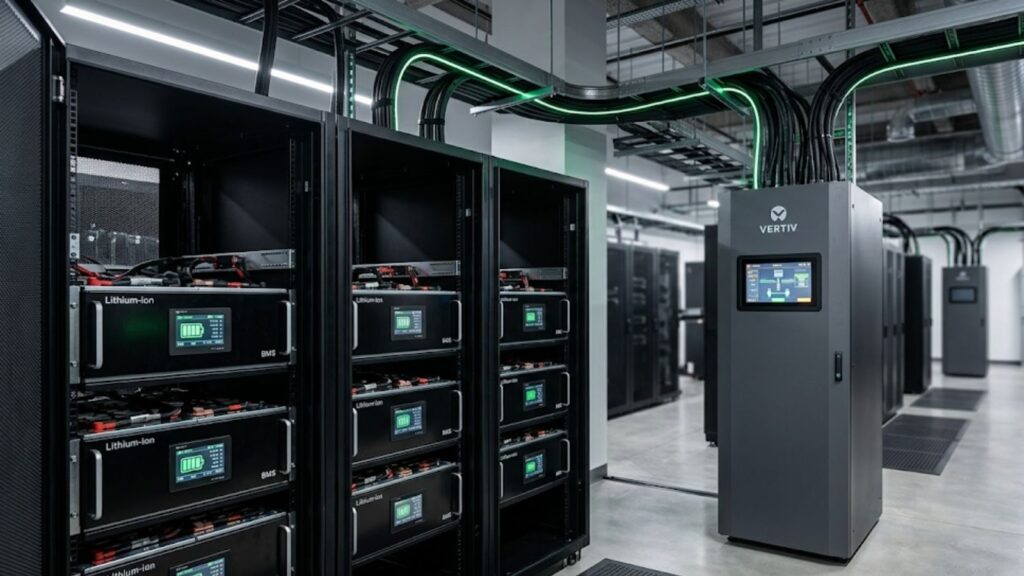 Data center room with Vertiv power systems and battery racks connected by overhead cables.