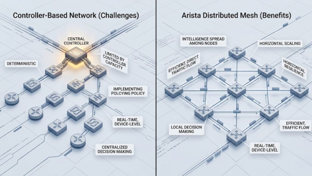 Side-by-side diagram comparing centralized controller network challenges vs distributed mesh network benefits.