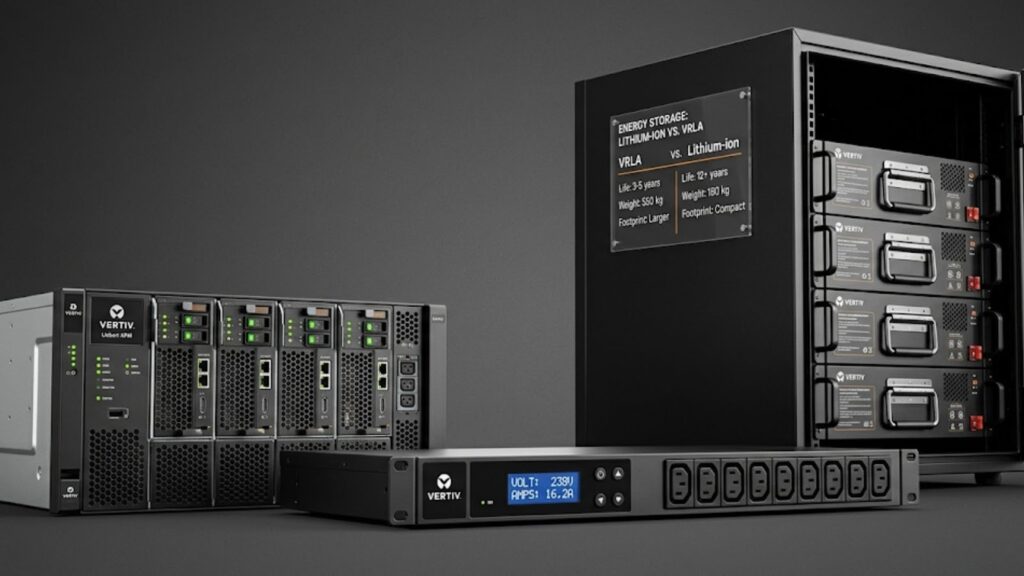 Vertiv rack-mounted UPS systems and battery storage units for data centers.
