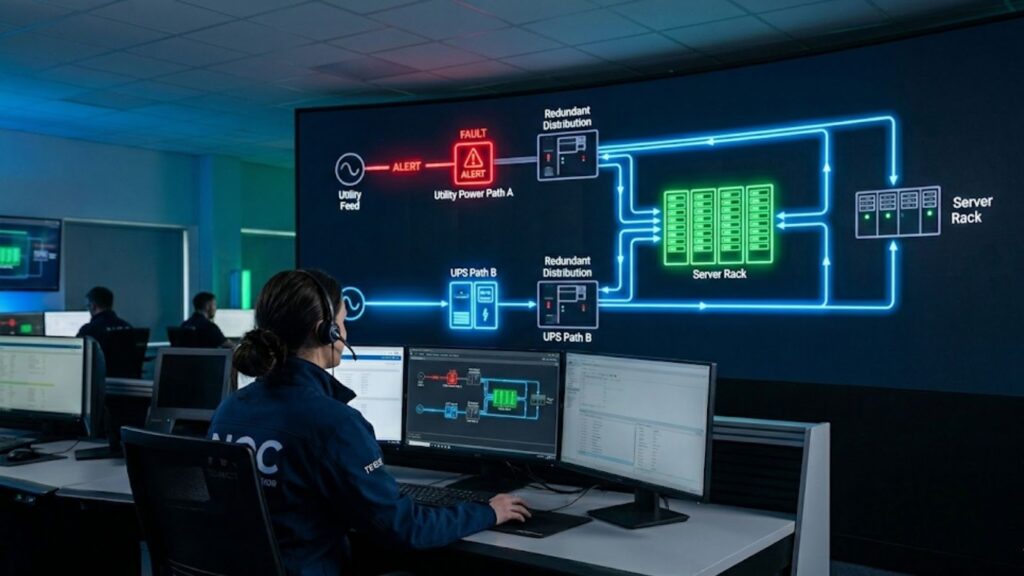 Technician monitoring data center power system dashboard showing redundancy and uptime status.