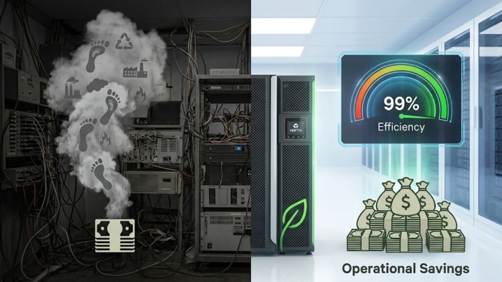 Split image showing inefficient old server setup vs efficient Vertiv system with 99% efficiency and cost savings.