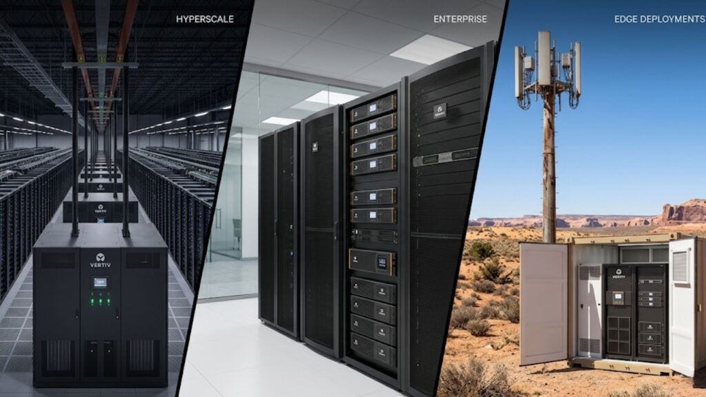 Three data center setups: hyperscale racks, enterprise servers, and edge deployment tower in a remote location.