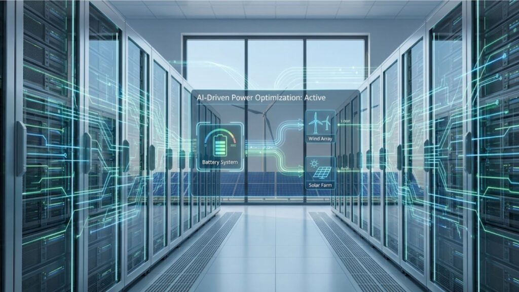 Modern data center with AI-driven power optimization integrating battery storage and renewable energy sources.