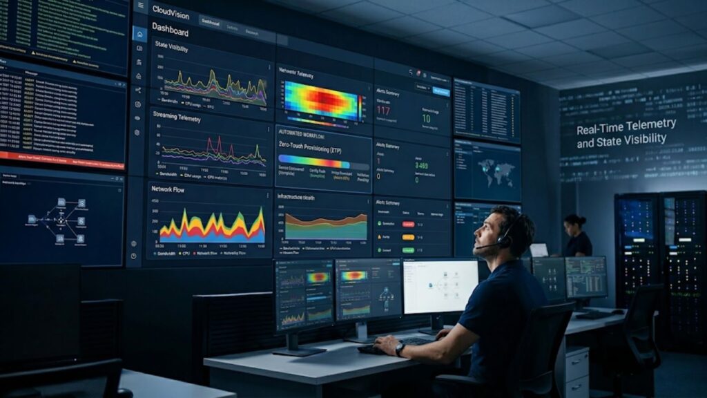 Operator monitoring real-time data center analytics dashboards for performance and scalability.