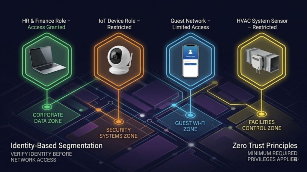 Diagram of network segmentation showing corporate, security, guest, and facilities zones with zero trust access controls.
