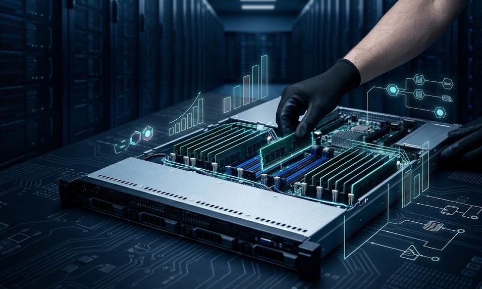 A clean, modern server room scene focused on the concept of memory upgrade and optimization. In the foreground, a partially open enterprise rack server reveals neatly arranged memory DIMM slots, with some modules installed and others being carefully inserted by a technician’s hand (wearing anti-static gloves). The memory sticks should have a sleek, high-tech look with subtle glowing edges (cool blue or teal), emphasizing performance and precision.