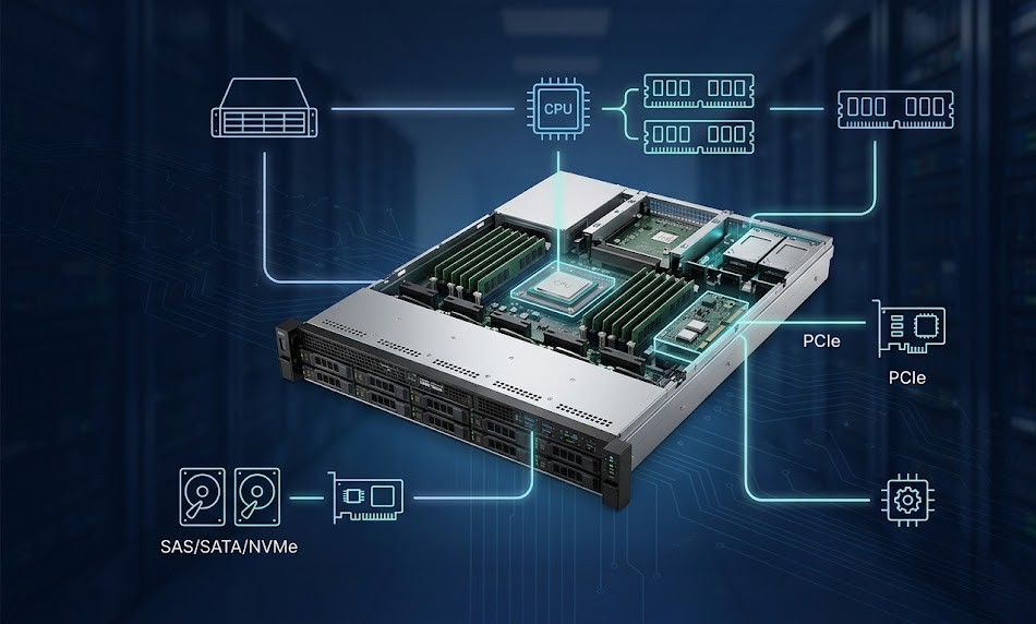 A clean, modern infographic-style visual representing “server compatibility checks before upgrade” in an enterprise data center context. The scene should feature a partially open rack server at the center, with key hardware components subtly highlighted: CPU, memory DIMMs, RAID controller, storage drives, and backplane connections.