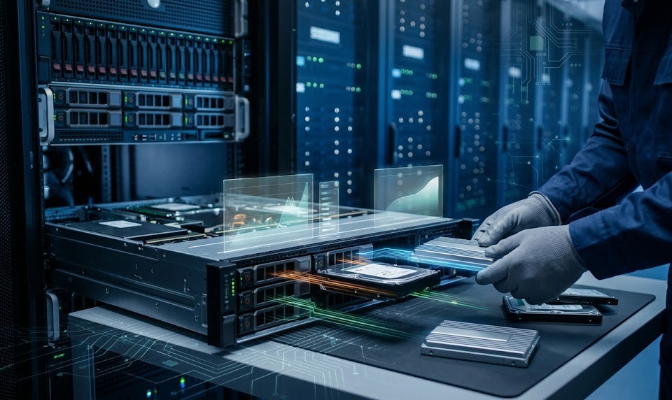 A high-end enterprise server environment showcasing storage upgrade concepts. In the foreground, an open rack-mounted server reveals a mix of storage drives—SATA, SAS, and NVMe SSDs—visibly arranged in drive bays. Some drives are being inserted or swapped by a technician wearing anti-static gloves, emphasizing the upgrade process. Each drive type should have subtle visual distinction (e.g., NVMe with sleeker design, SAS with enterprise casing), but remain realistic and cohesive.