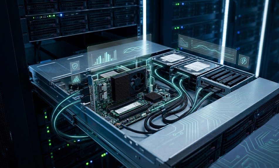A professional, high-tech data center scene focused on RAID controller selection inside an enterprise server. In the foreground, an open rack-mounted server clearly shows a RAID controller card installed on the motherboard, with visible PCIe slot, heatsink, and connection cables leading to multiple storage drives (SAS, SATA, NVMe)