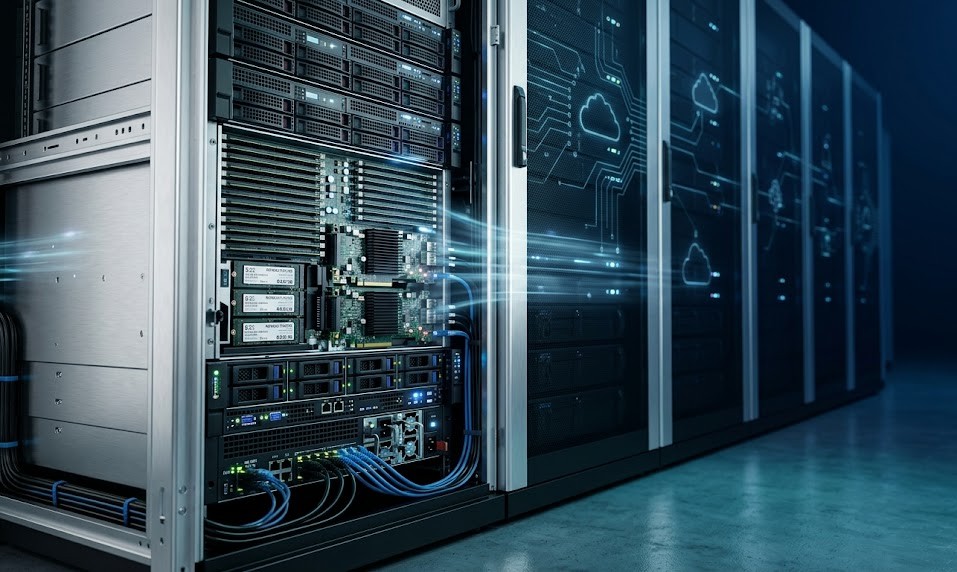 A modern enterprise data center environment featuring high-performance rack-mounted servers representing next-generation computing infrastructure. Focus on sleek, metallic server racks with glowing indicator lights (blue and white tones), partially open to reveal advanced internal components like memory modules, NVMe drives, and RAID controllers.