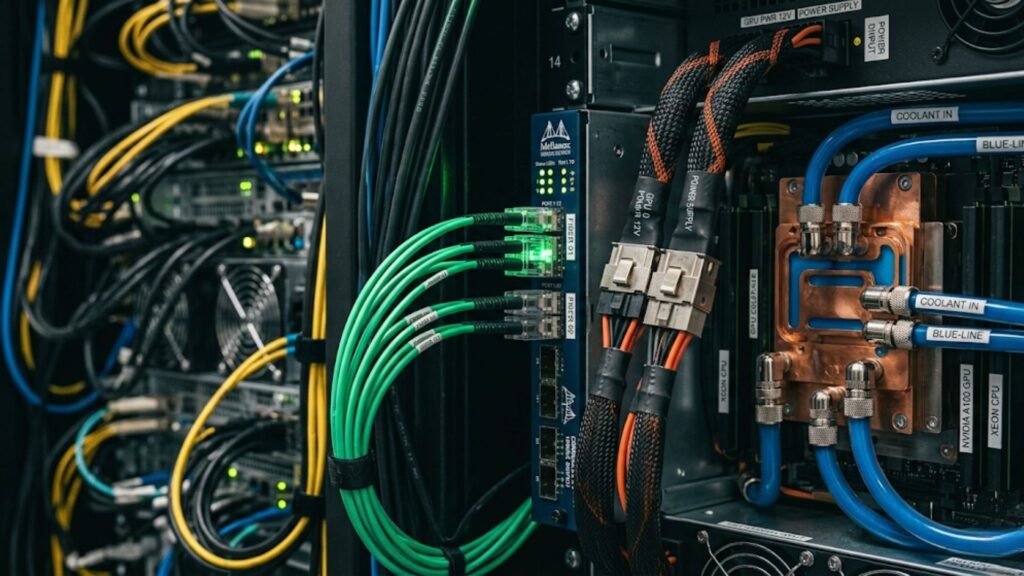 Close-up of server infrastructure with networking cables, liquid cooling system, and GPU hardware for infrastructure evaluation.