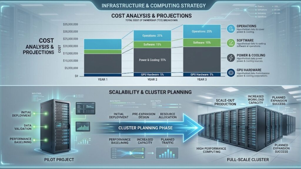 Diagram showing cost, scalability, and future growth planning with cost projections, cluster planning, and expansion from pilot project to full-scale deployment.