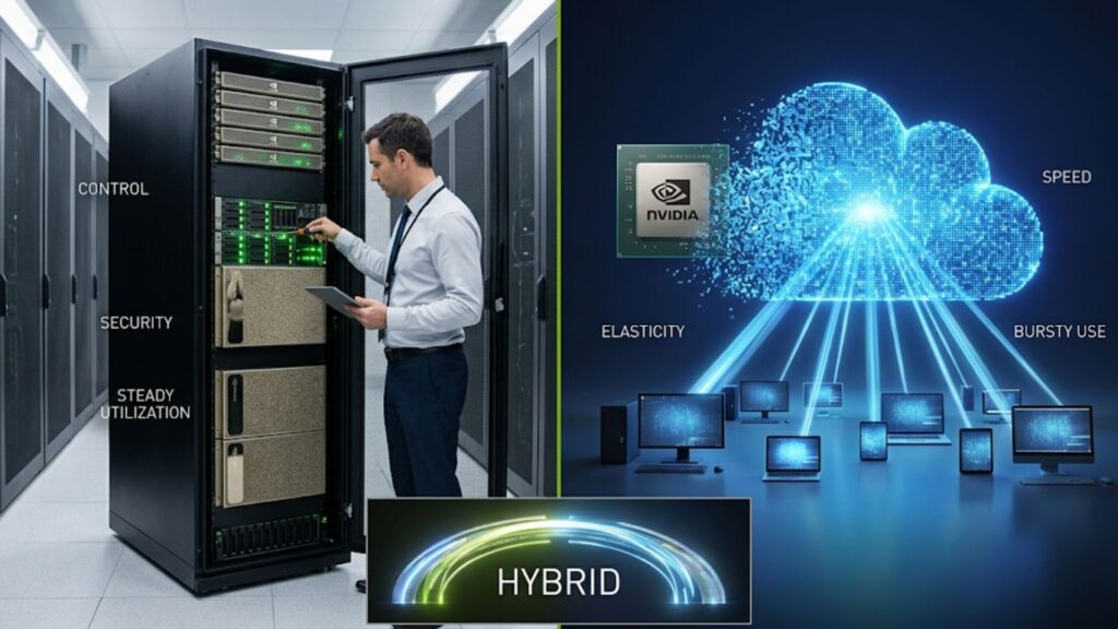 Illustration comparing on-premises and cloud/hybrid NVIDIA platforms with server rack management, cloud scalability, and hybrid deployment concept.