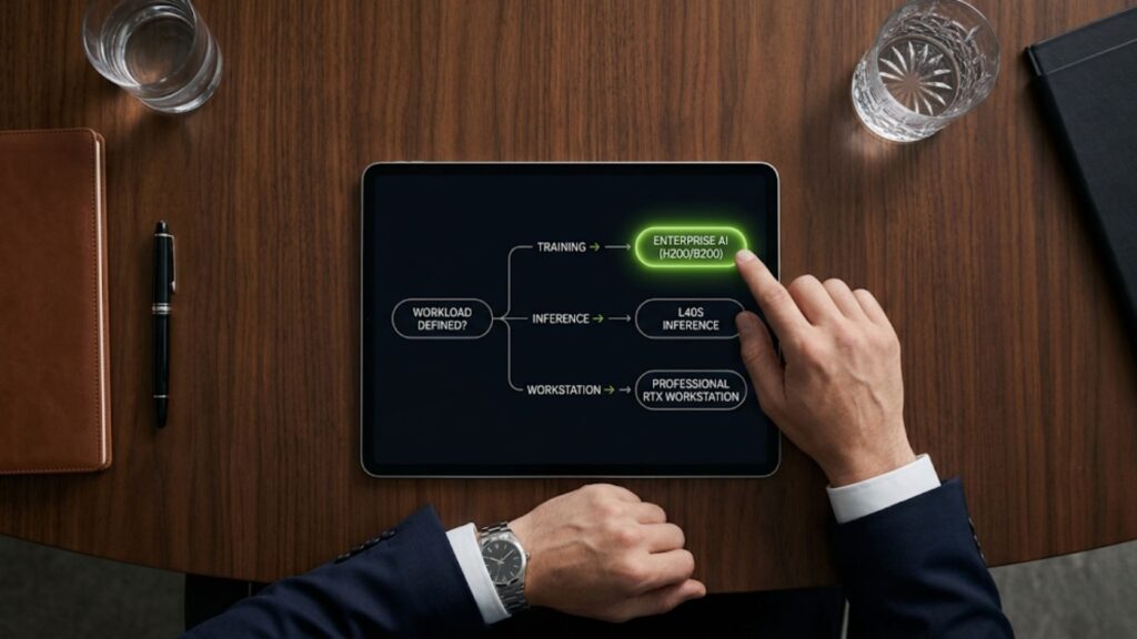 Tablet displaying AI deployment decision framework with workload options for training, inference, and workstation GPU selection.
