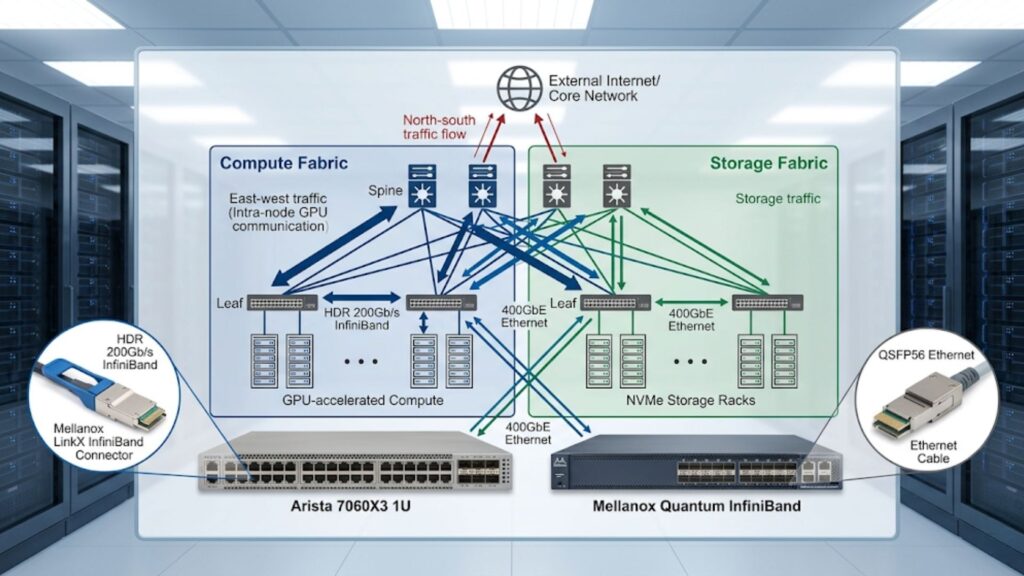 Diagram of AI/HPC cluster network architecture showing compute and storage fabrics, spine-leaf topology, GPU compute nodes, NVMe storage racks, and InfiniBand/Ethernet connections to external network.