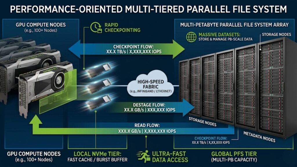 Diagram of GPU-accelerated storage architecture showing multi-tier parallel file system, GPU compute nodes, NVMe cache, high-speed fabric, and storage/metadata nodes with read and checkpoint flows.