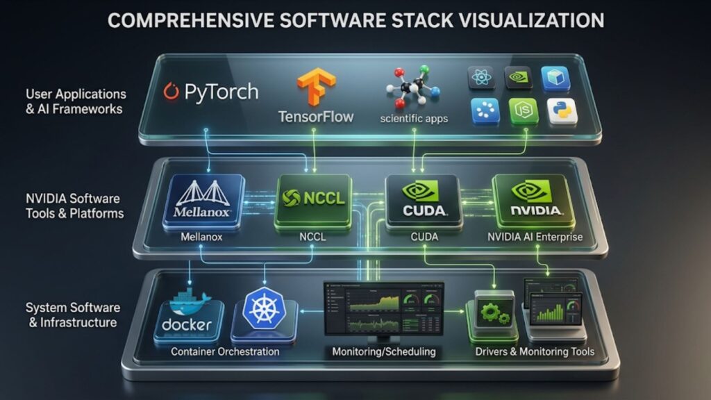 Diagram of NVIDIA GPU deployment software stack showing AI frameworks, NVIDIA tools/platforms, and system infrastructure layers including PyTorch, TensorFlow, CUDA, Docker, and Kubernetes.