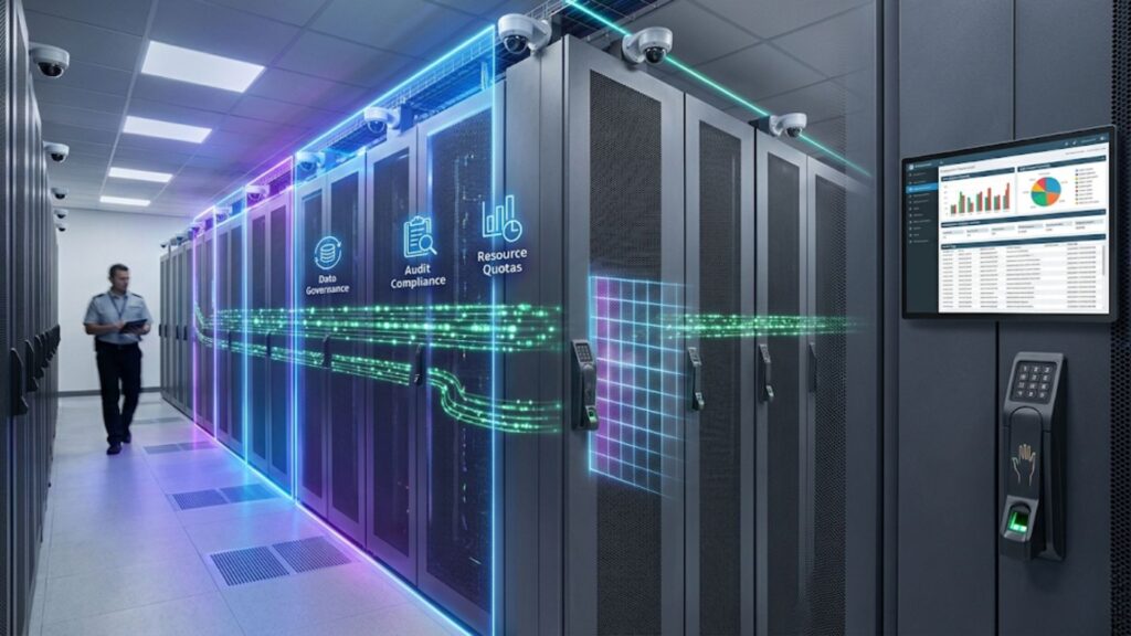 Data center security and governance illustration showing server racks, surveillance cameras, biometric access control, monitoring dashboard, and compliance/resource management overlays.