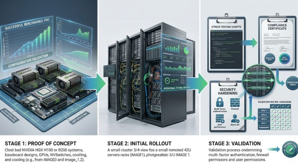 Diagram showing pilot-to-production workflow with proof of concept, initial rollout, and validation stages for GPU cluster deployment.