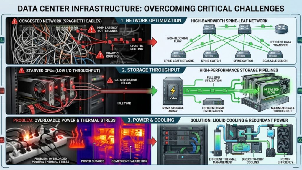 Diagram of common GPU deployment challenges showing network congestion, storage bottlenecks, and power/cooling issues with corresponding optimization solutions.