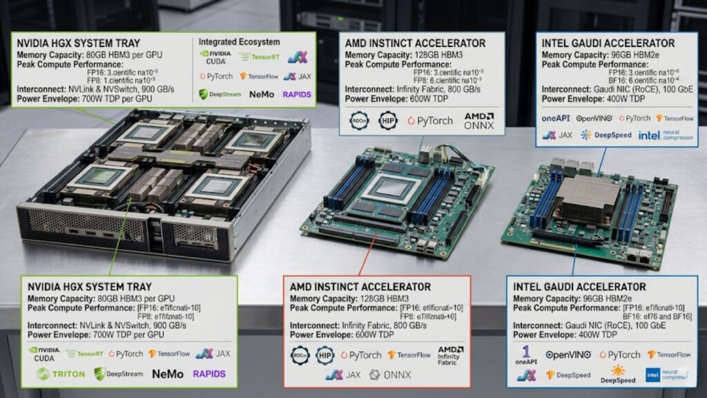 Comparison chart of NVIDIA, AMD, and Intel accelerator platforms showing hardware trays, specifications, performance, and software ecosystem support.