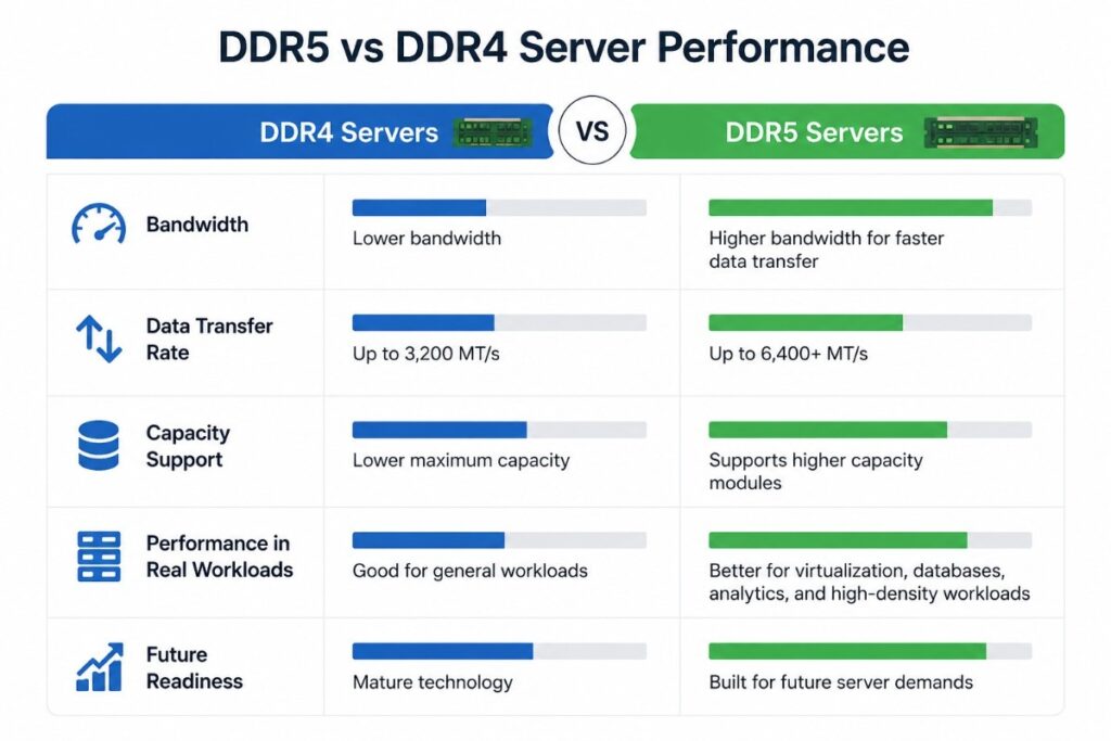 DDR4 vs DDR5 server performance infographic comparing bandwidth, scaling, workloads, and platform support.