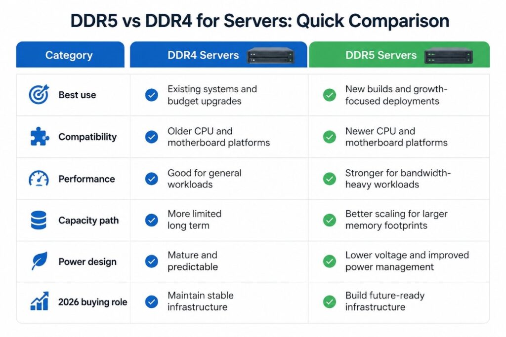DDR4 and DDR5 server infographic comparing use, compatibility, performance, capacity, power, and 2026 buying role.