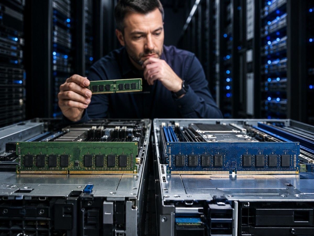 Technician compares server RAM modules in a data center for DDR5 vs DDR4 upgrade planning.