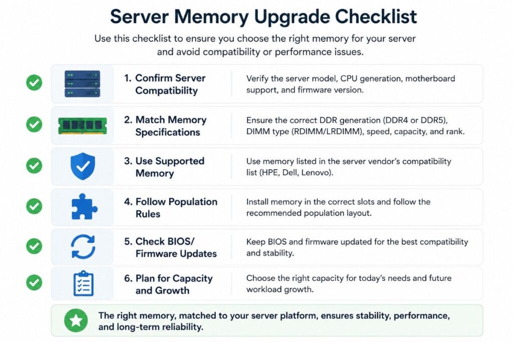 Server memory upgrade checklist covering model, CPU, DIMM type, speed, capacity, slot rules, firmware, and supplier.