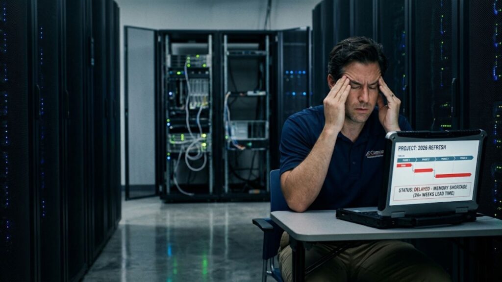Stressed IT worker in a server room viewing a laptop about project delays from a memory shortage.