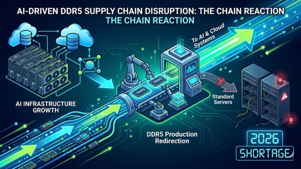 Infographic showing AI and cloud demand redirecting DDR5 production away from standard servers, causing a projected 2026 shortage.
