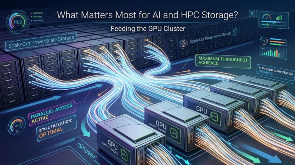 Diagram of GPU servers connected to scale-out storage, emphasizing high throughput and parallel access for AI and HPC.