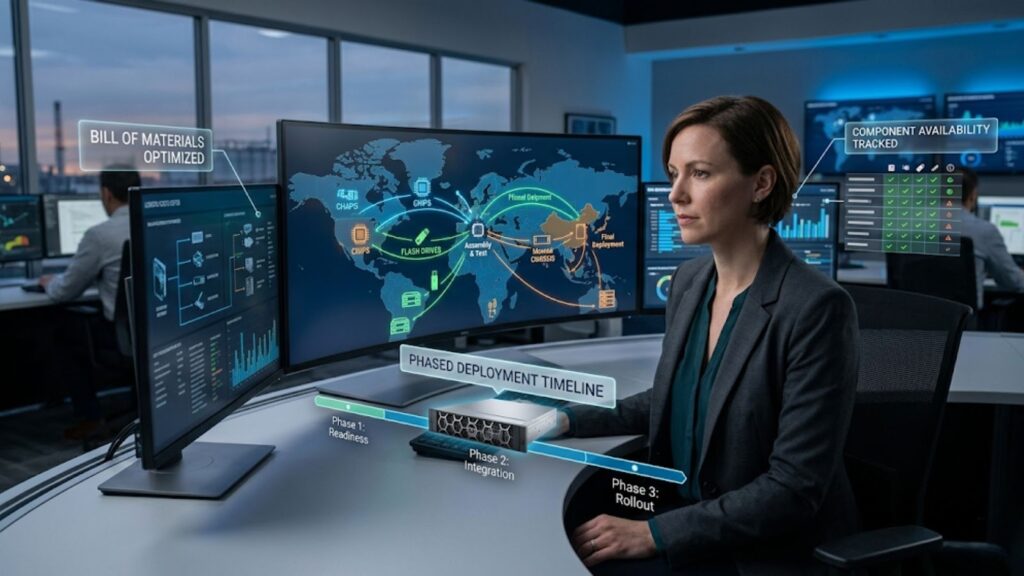 Procurement manager reviewing global supply chain dashboards and phased deployment plans on multiple monitors.