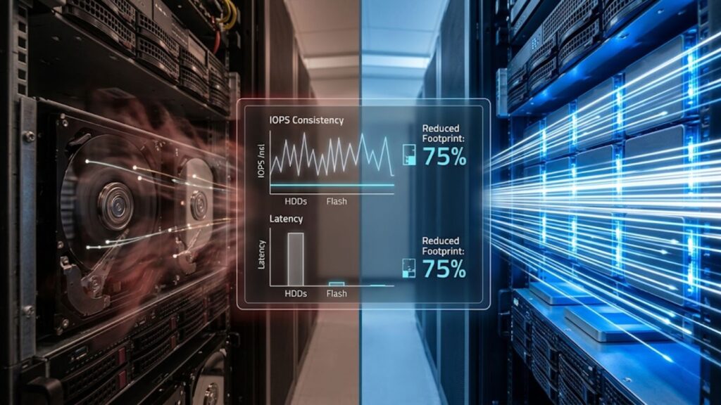Split image comparing HDD and flash storage in a server room, highlighting lower latency and smaller footprint for all-flash.