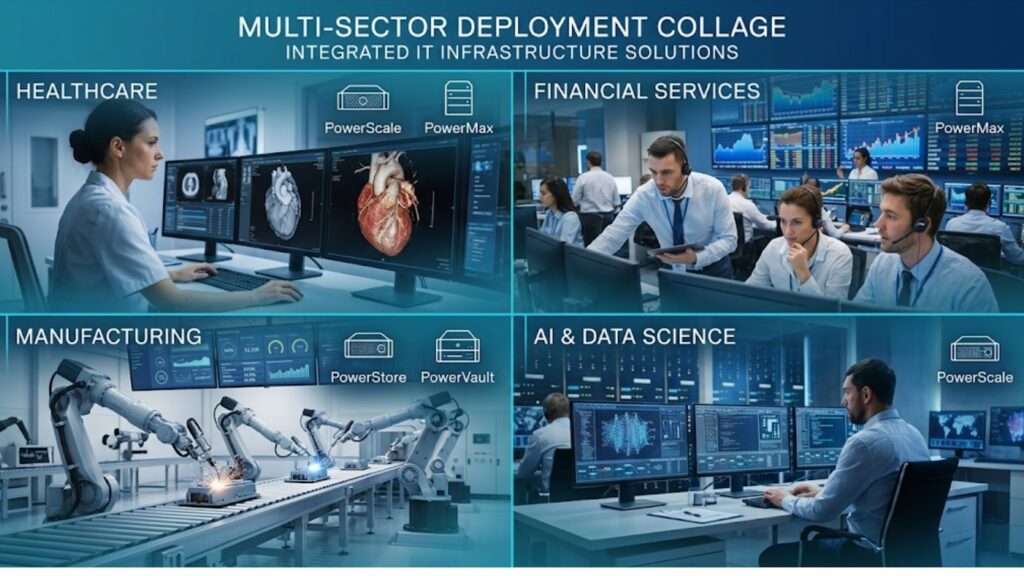 Collage of healthcare, finance, manufacturing, and AI workspaces showcasing Dell EMC infrastructure solutions by industry.