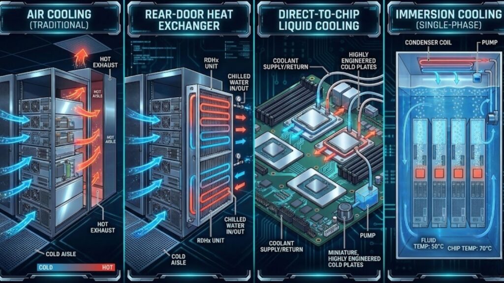 Diagram comparing data center cooling methods: air cooling, rear-door heat exchanger, direct-to-chip liquid cooling, and immersion cooling, with airflow and liquid paths illustrated.