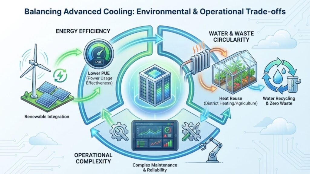 Infographic showing data center cooling trade-offs: energy efficiency (PUE), renewable integration, heat reuse, water recycling, and operational complexity in a circular flow.