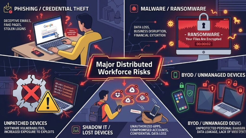 “Major Distributed Workforce Risks” showing threats such as phishing/credential theft, malware and ransomware, unpatched devices, shadow IT or lost devices, and BYOD/unmanaged devices.