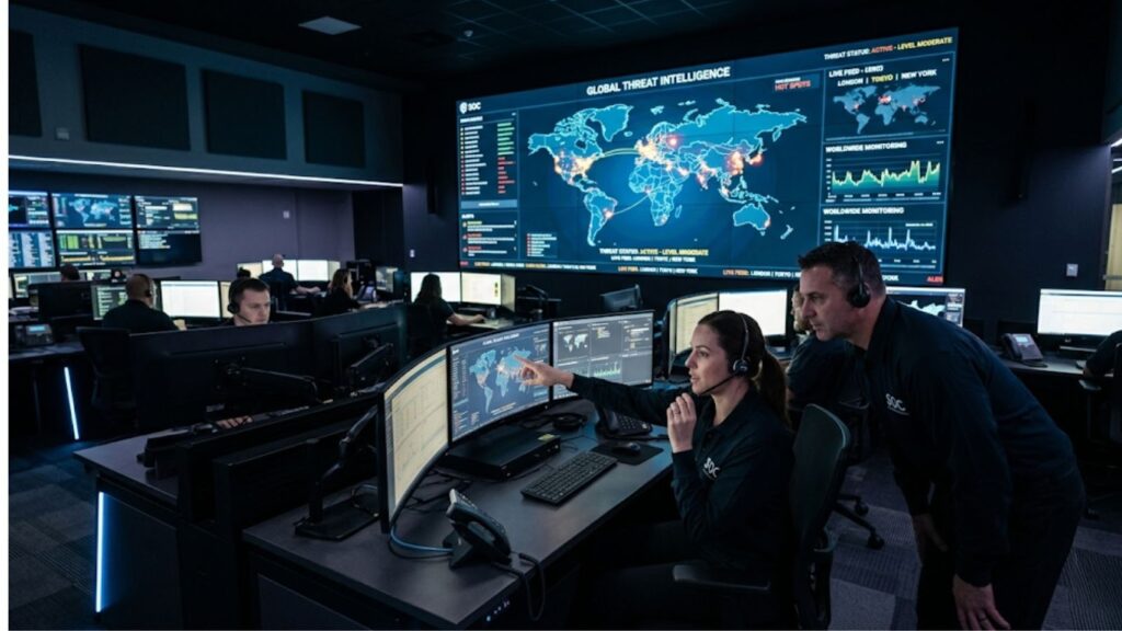 Security operations center with analysts monitoring cyber threats on multiple screens and a large world map display.