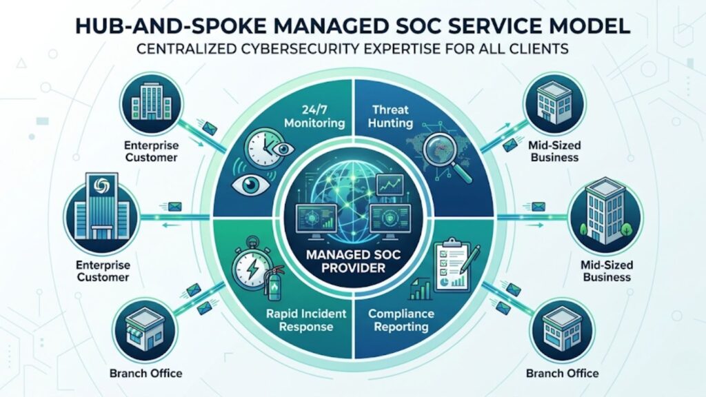 Diagram of a hub-and-spoke managed SOC model showing a central provider delivering monitoring, threat hunting, incident response, and reporting to multiple businesses and branch offices.