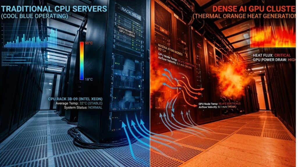 Split infographic comparing traditional CPU servers (cool blue environment) with dense AI GPU clusters (hot orange environment), highlighting higher heat and power demand in GPU racks.
