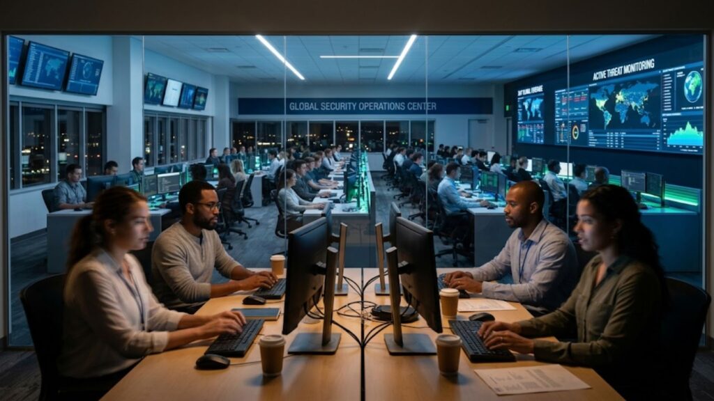 Large security operations center with teams working at rows of computers monitoring cyber threat dashboards.
