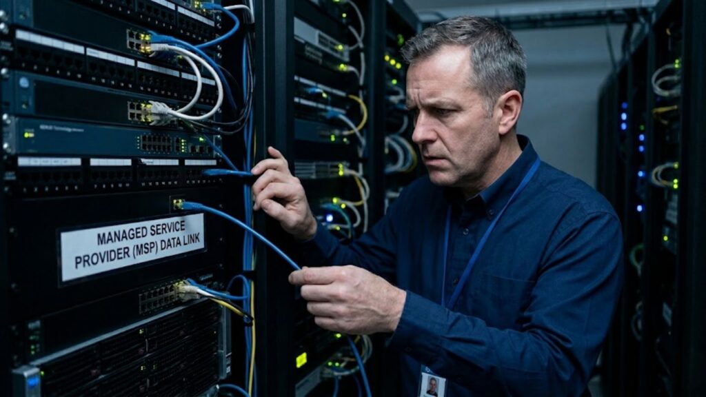 Technician connecting network cables in a server rack labeled managed service provider data link.