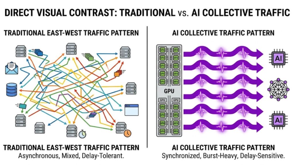 traditional east-west traffic vs AI training and inference traffic 