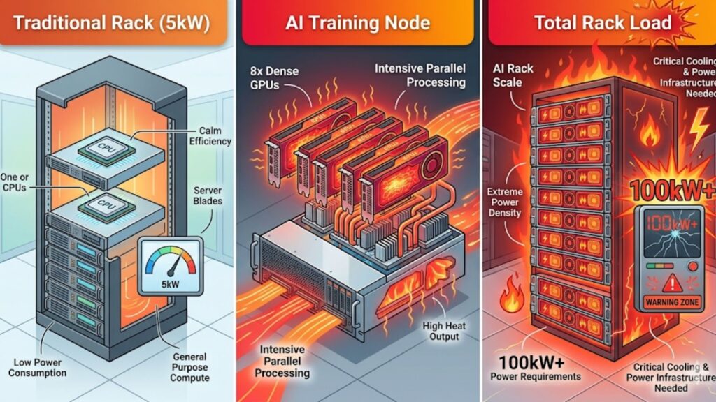 Illustration comparing traditional server racks to high-heat AI GPU systems, showing extreme power and cooling demands.