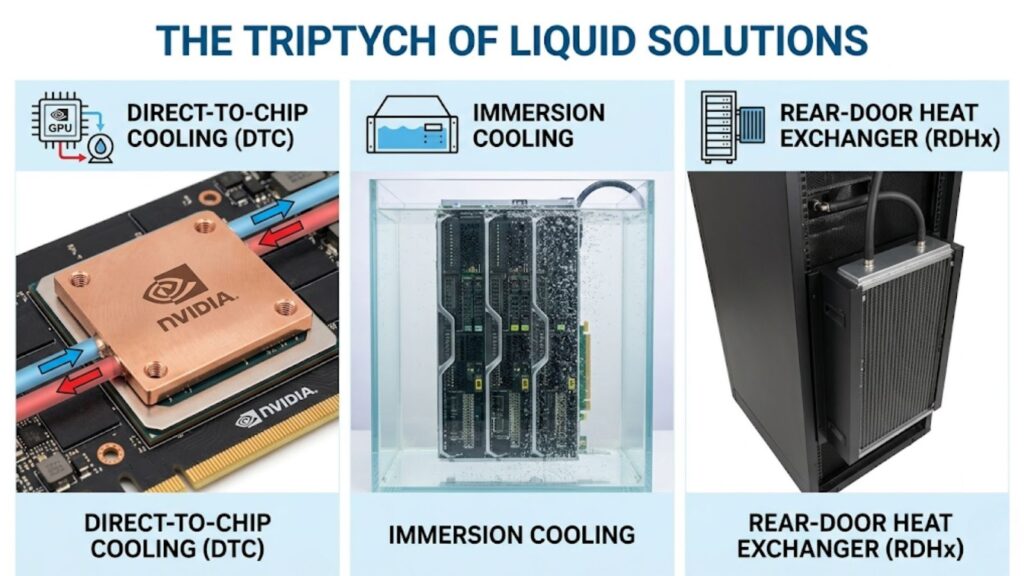 Diagram showing three liquid cooling methods for AI data centers: direct-to-chip, immersion cooling, and rear-door heat exchanger.