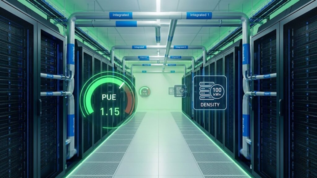 Modern data center with liquid cooling pipes, showing improved efficiency (PUE 1.15) and high rack density.