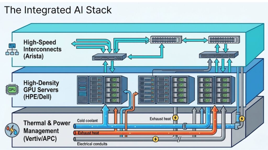 Diagram of an integrated AI infrastructure stack showing networking, GPU servers, and thermal/power cooling systems.