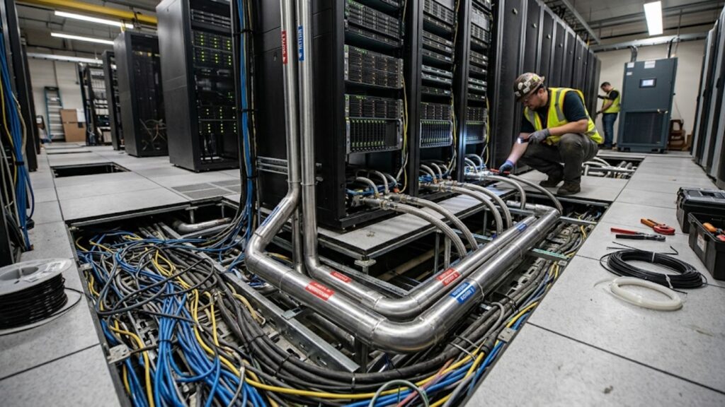 Technician working on liquid cooling pipes and cables beneath raised floor in a data center.